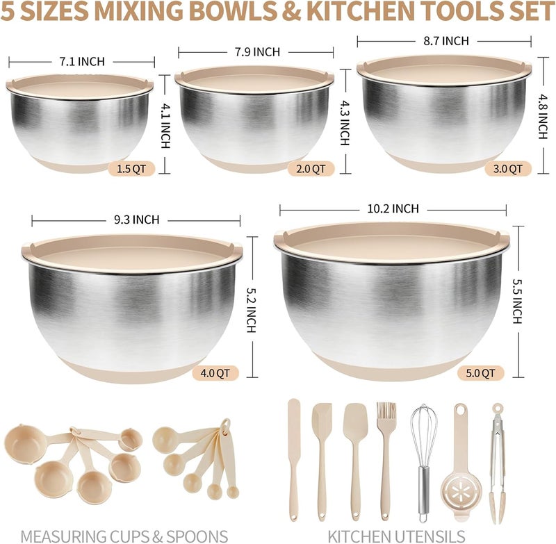 Deedro Premium Mixing Bowls with Airtight Lids Set, 22Pcs Thicker Stainless Steel Mixing Bowl Set, Large Prep Metal Bowls, Non-Slip Silicone Base Nesting Bowls for Kitchen, 1.5/2/3/4/5 QT, Khaki - Image 3